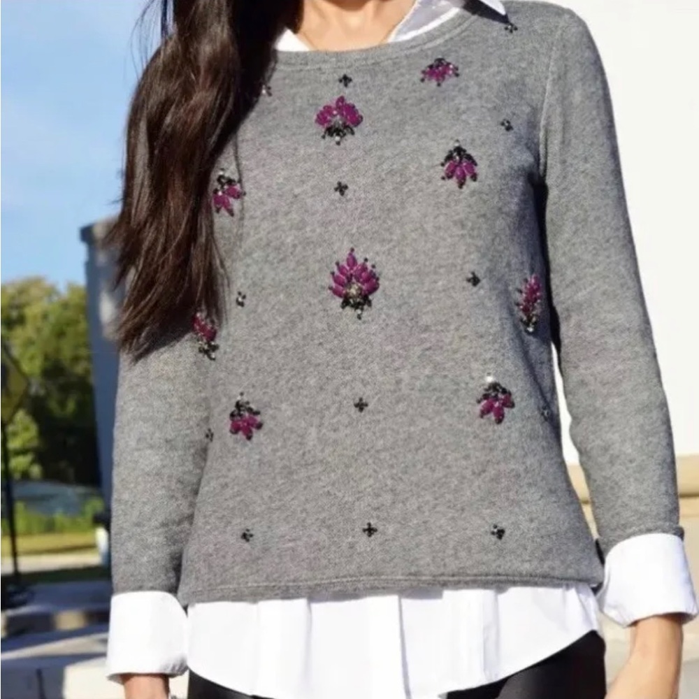Ann Taylor Loft, Jeweled Gray Sweater, Sz. L